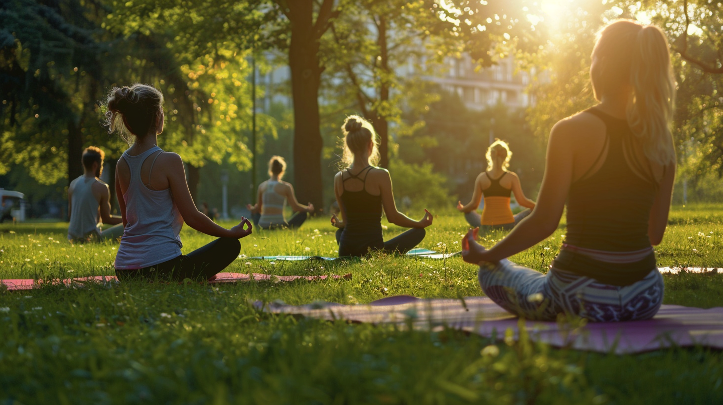 Група людей практикує йогу на заході сонця